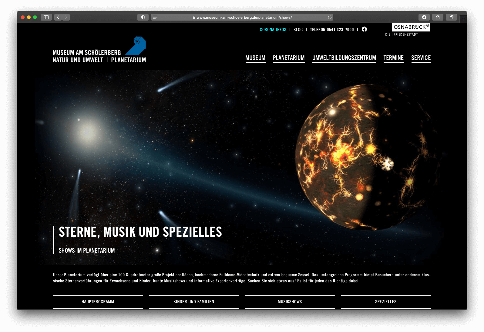 Das Planetarium ist ein Teil der neuen WordPress Webseite für ein Museum:Dem Museum am Schölerberg Osnabrück
