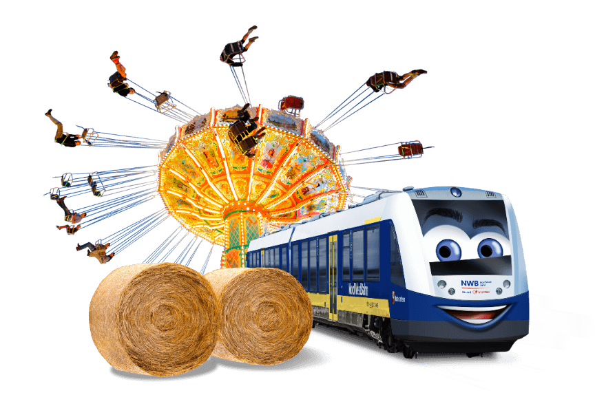 Das Keyvisual der NordWestBahn Kampagne: Ein Zug mit dem Stoppelmarkt im Hintergrund